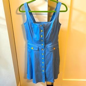 Color Me Courtney Sky Blue fit & flare dress with orange and silver buttons